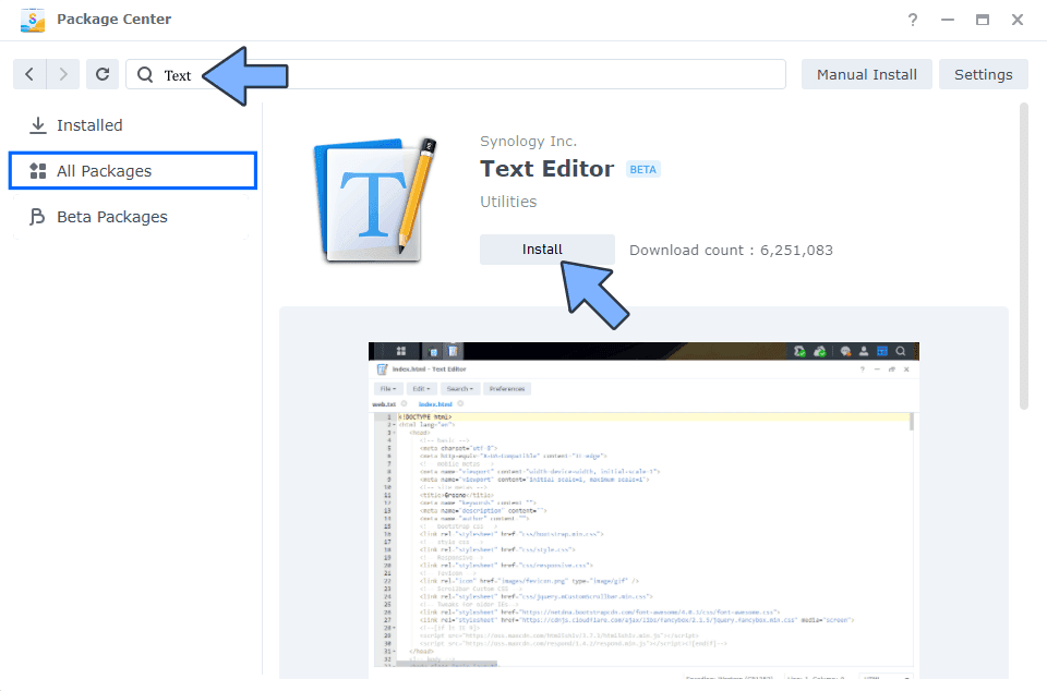 Installing Text Editor via Synology's Package Center